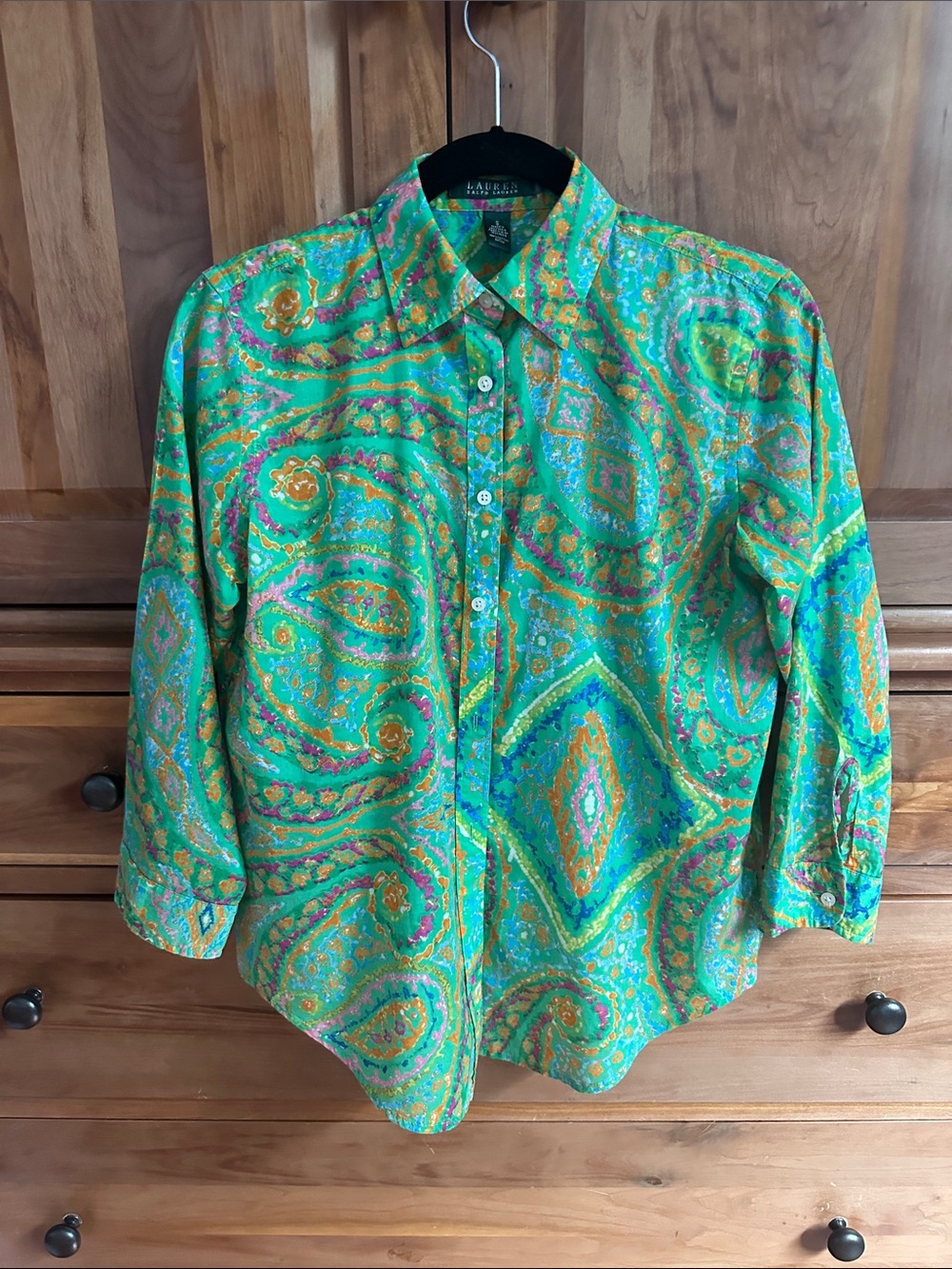 Ralph Lauren Green Paisley Button-Down Shirt with Gold Accents